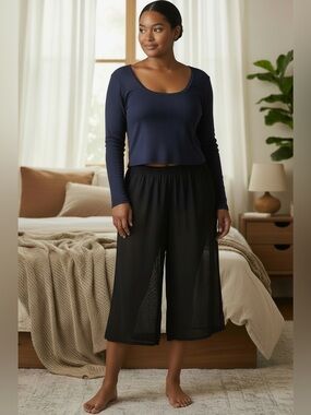 Savage X Fenty Navy Blue Long Sleeve Crop Sleep Top Size XL